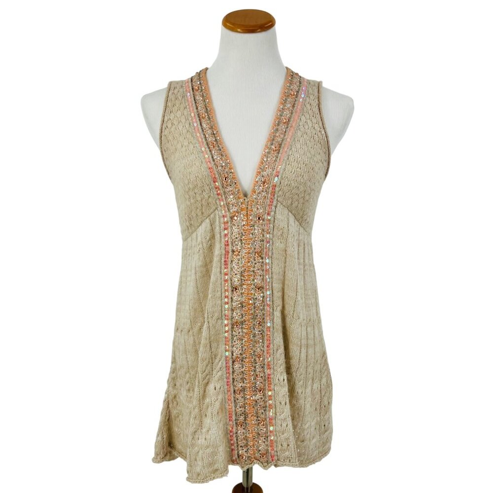 RARE Vintage Free People Beige Embellished Sequin Trim & Keyhole Back Boho Knit